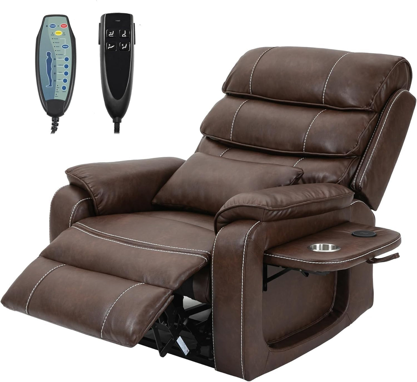 Large Comfortable Power Lift Recliner Chair with Lay Flat Function, Dark Brown Leather Recliner with Massage and Heat, Extended Footrest, Lumbar Pillow, Cup Holder