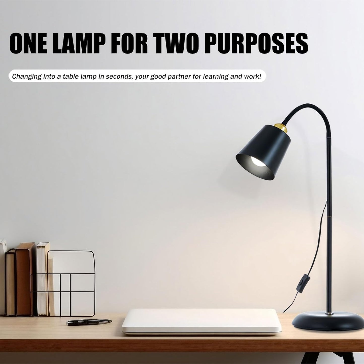 AoMck Floor Reading Lamp, Industrial Standing Lamps for Living Room with Adjustable Bendable, 2 in 1 Reading Table Lamps for Living Room Bedroom Office, 12W LED Bulb Included (Black Poles)