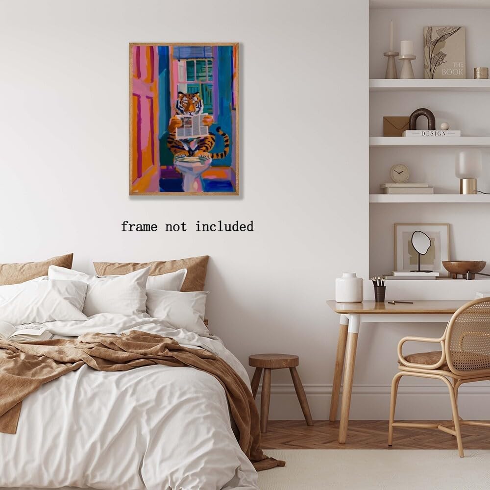 TcnBzydkij Funny Tiger Poster Minimalist Bathroom Wall Art Print Stylish Decor Reading Newspaper Dopamine Pink Kitsch Aesthetic Preppy Canvas 12x18inch Unframed