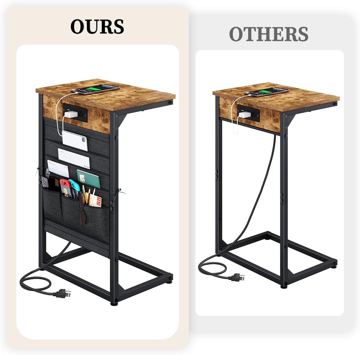 C-Shaped End Tables Set of 2, Small Couch SideTable with Fast-Charging Station, Sofa TV Tray Table with Storage Bag for Living Room, Bedroom, Bedside ET-BR-W2