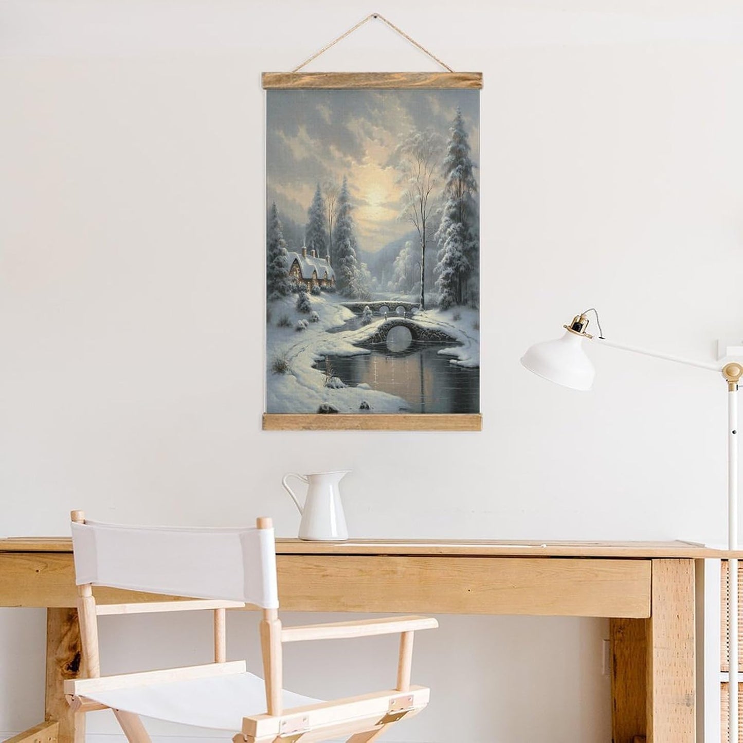 Vintage Winter Snow Scene Poster with Wooden Frame Personalized Linen Hanging Scroll Painting Rustic Wall Hanging Illustrative Modern Artwork Decor for Home Living Room Bedroom Office