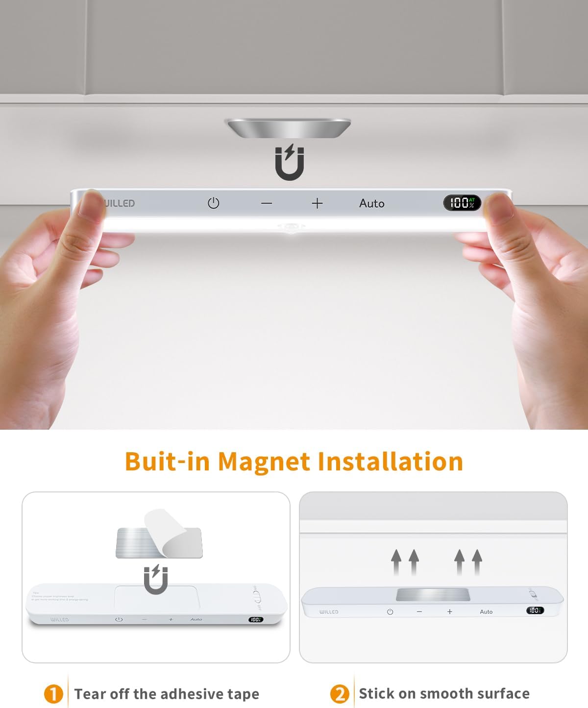 WILLED Motion Sensor Light Indoor, Battery Display, 60 LED Touch Light Bar, Under Cabinet Lights Rechargeable, Battery Operated Closet Light Wireless, Stick on Under Counter Lights for Kitchen(4 Pack)
