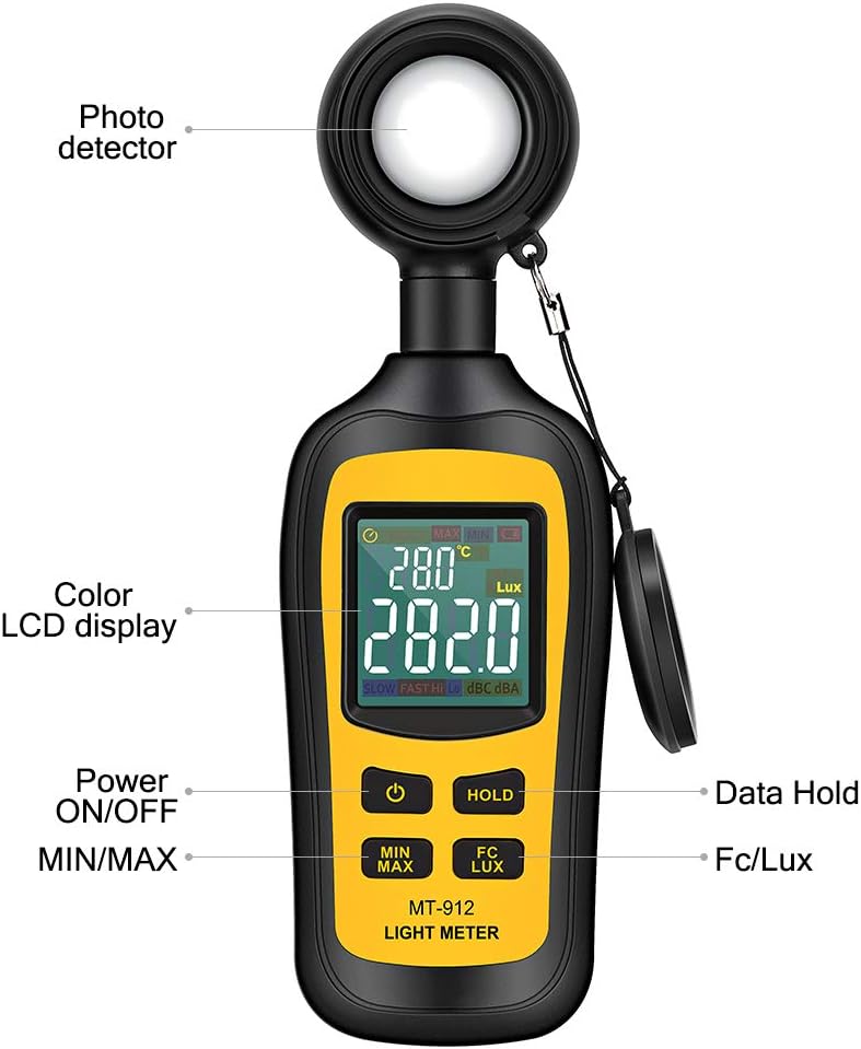 Light Meter Digital Illuminance Meter Handheld Ambient Temperature Measurer, Range up to 200,000 Lux, Luxmeter with 4 Digit Color LCD Screen