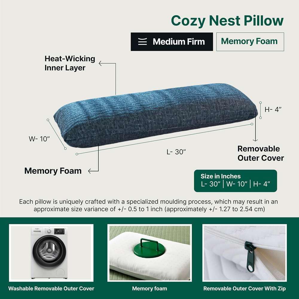 The White Willow Short Body Pillow Memory Foam Sleeping Soft Bed, Hug Pillow Insert for Sleeping & Side Sleeper (10W x 30L Inch) with Grey Zipper Cover Made from German Technology by BASF