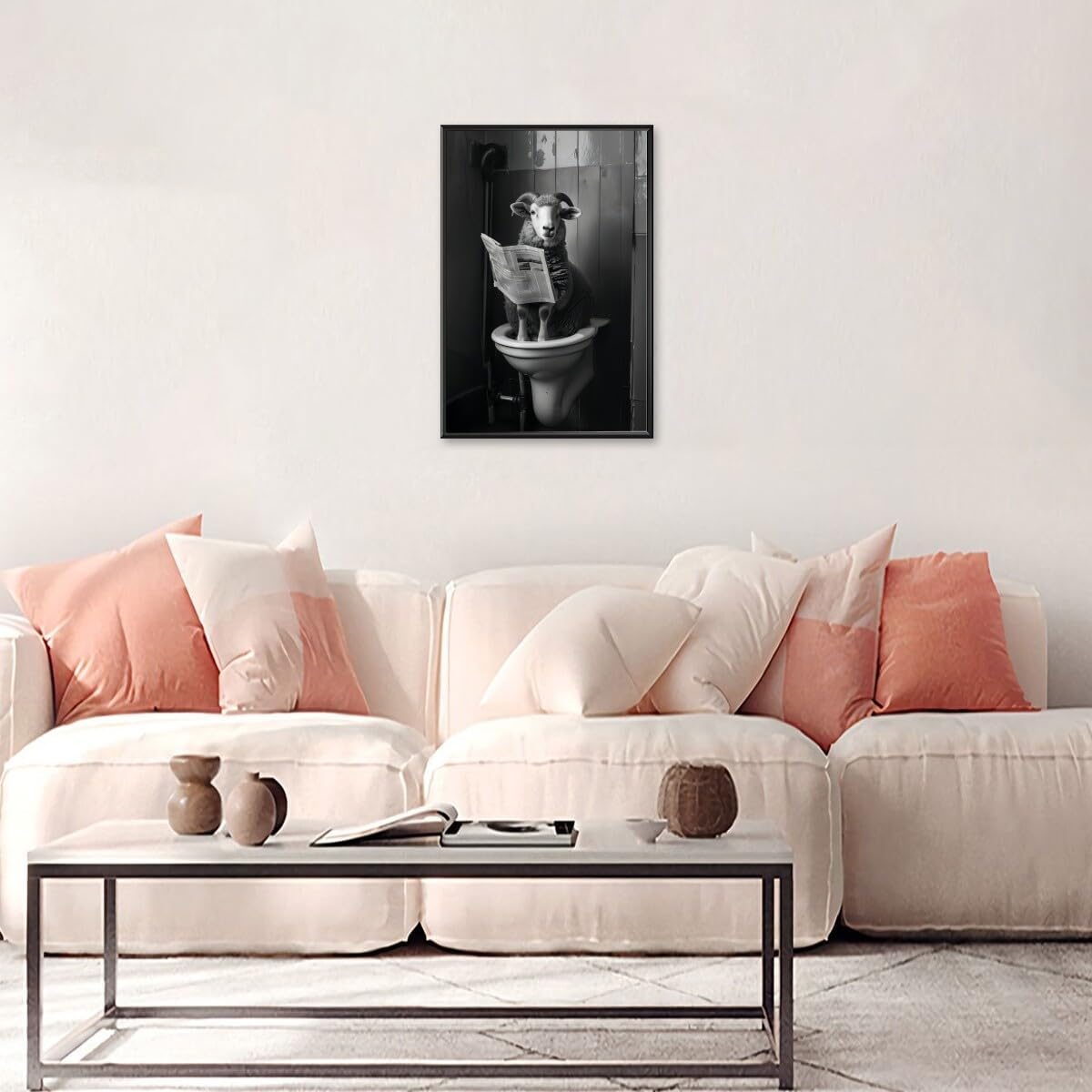Black and White Animal wall art Funny Bathroom wall decor Sheep Sitting on Toilet Reading Newspaper Canvas Print poster Room decoration aesthetics for Rustic Farmhouse Restroom black framed8x12inch