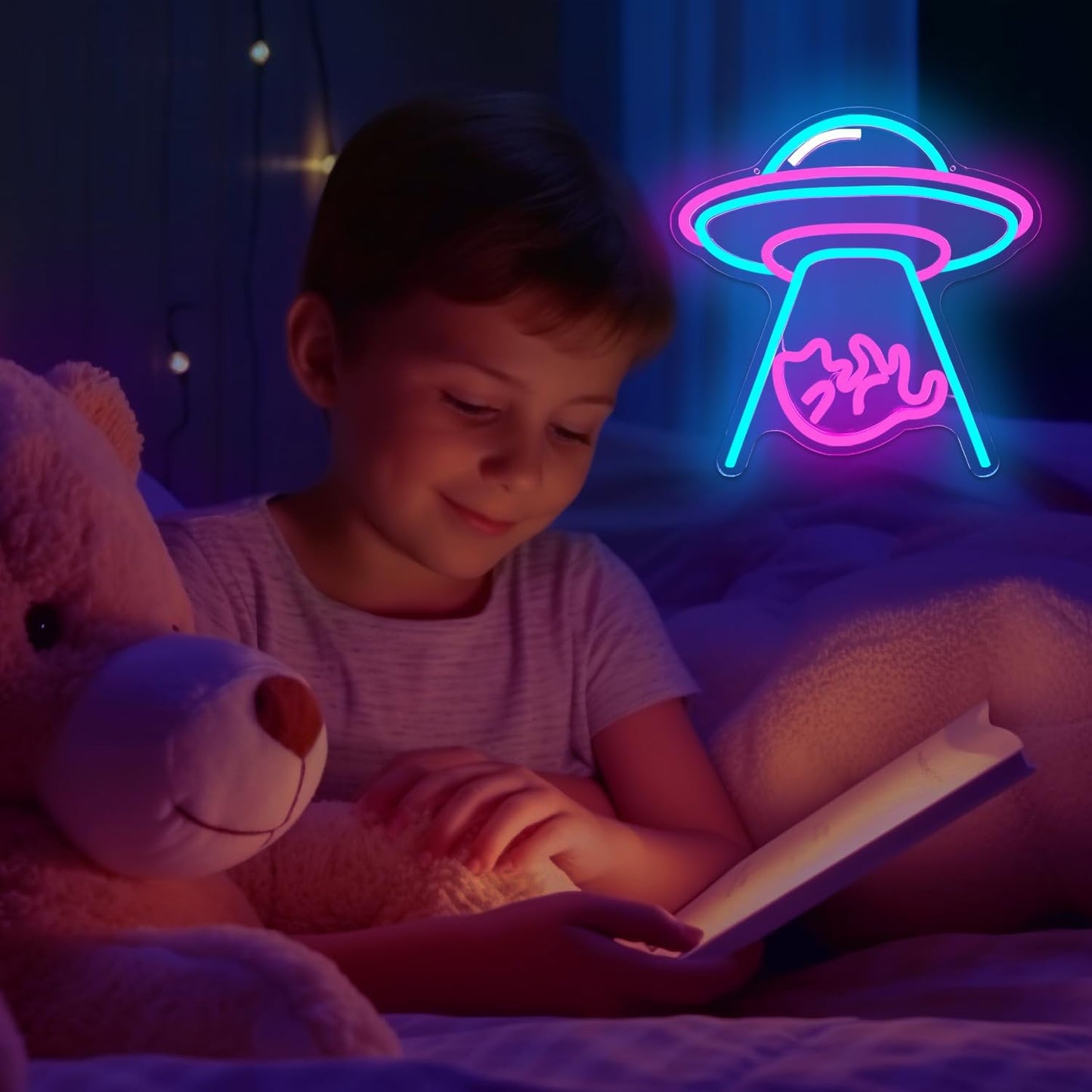 UFO Cat Neon Signs for Wall Decor Cat Neon Light USB Powered Dimmable Flying Saucer Light up Sign for Bedroom UFO Alien Night Lamp for Christmas Birthday Gifts