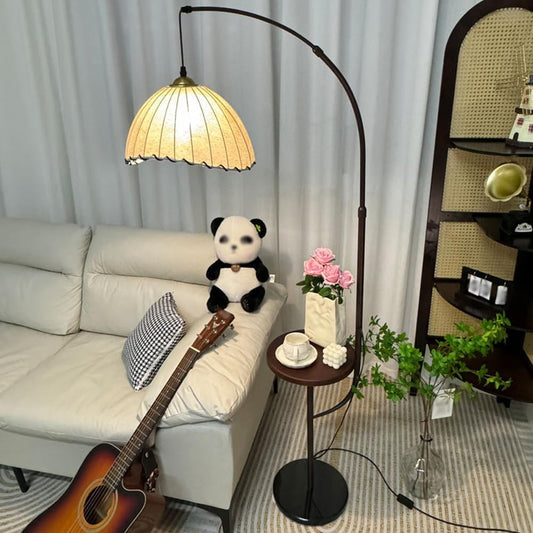 Modern Arc Floor Lamp Height Adjustable Floor Light Moon Linen Tall Lamp with Desktop Switch E27 3-Color Light Dimmer Fixture for Living Room Reading Room Office
