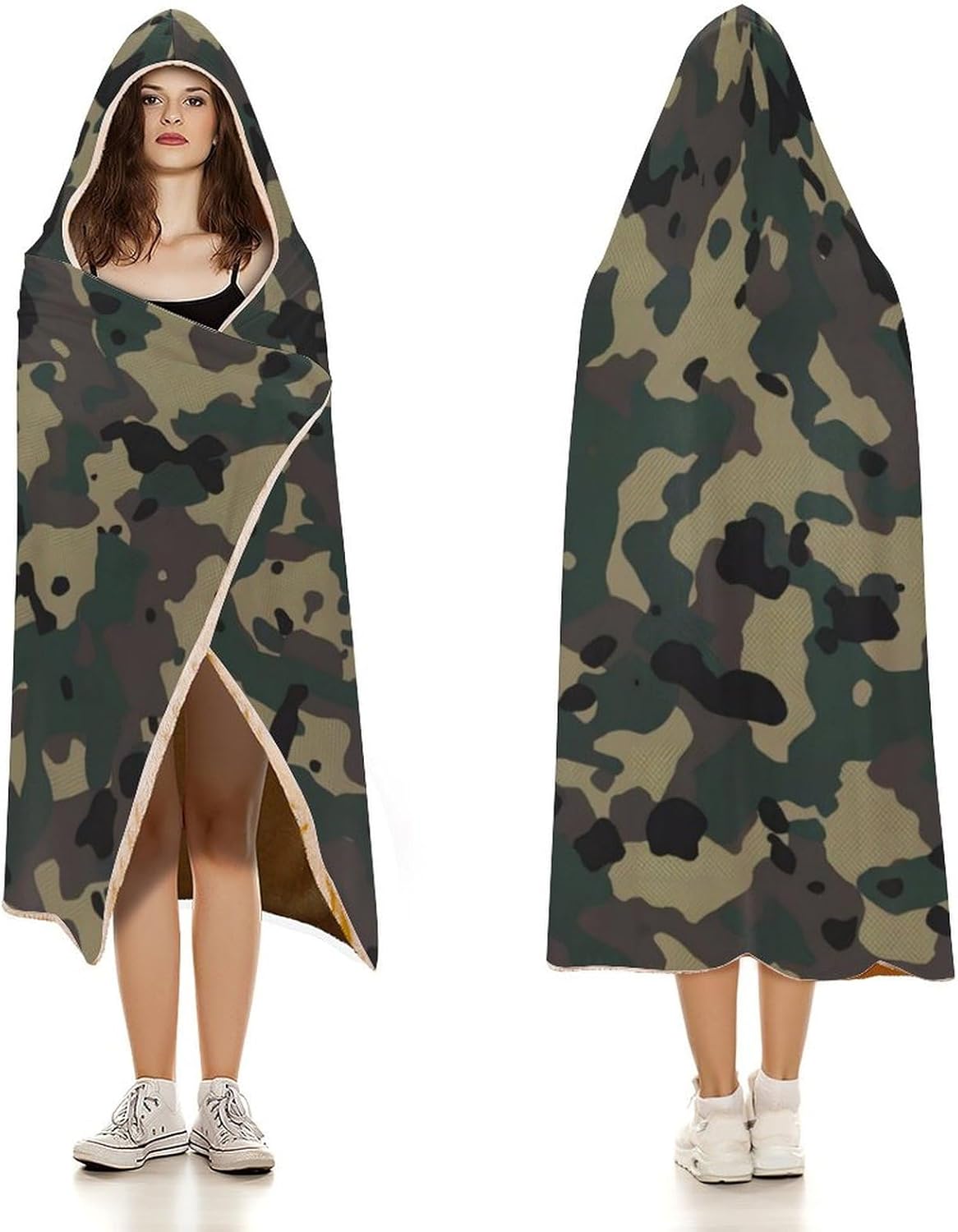 Camo Hooded Blanket, Camouflage Wearable Blanket for Camping Traveling Couch Bed, Forest Hunting Camo Throw Blanket