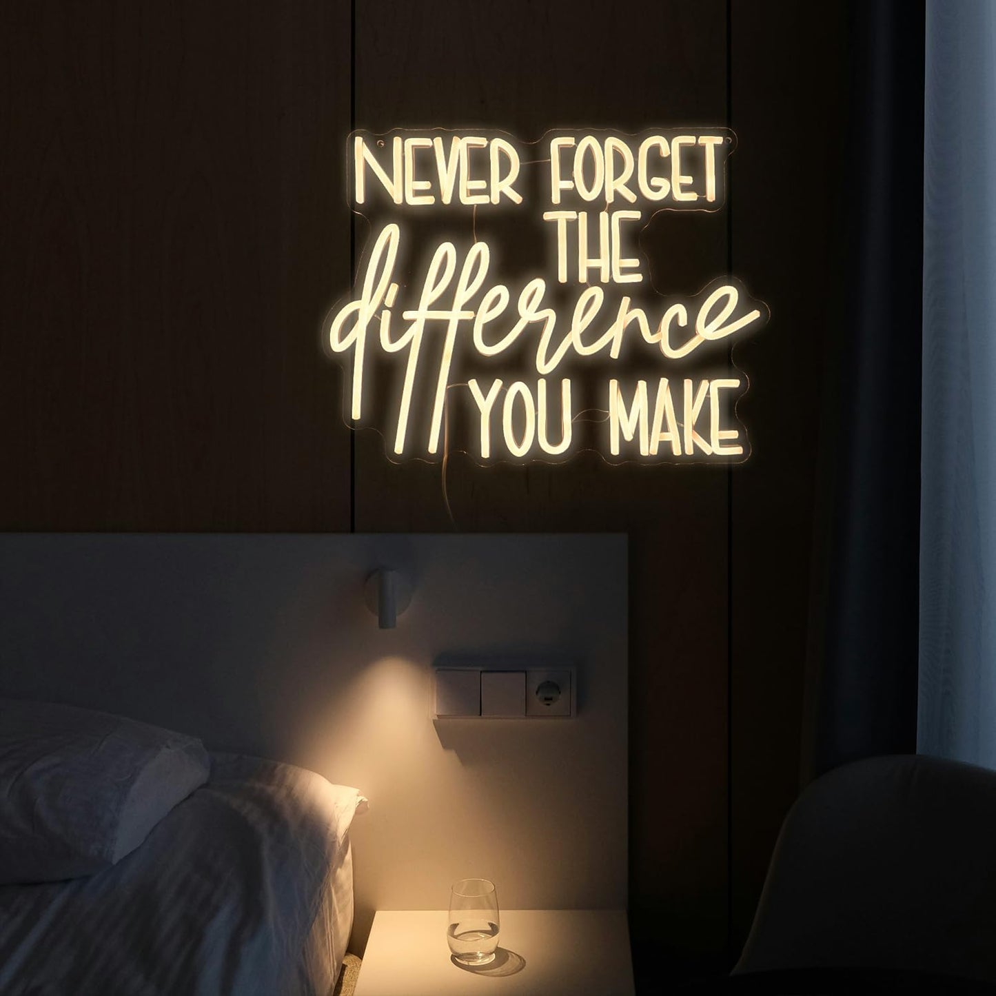 Never Forget The Difference You Make Neon Sign Cool Dimmable Led Letters Light Up Sign USB Powered Warm White Neon Light for Bedroom Study Room Bar Shop Man Cave(16.5 * 12.6In)