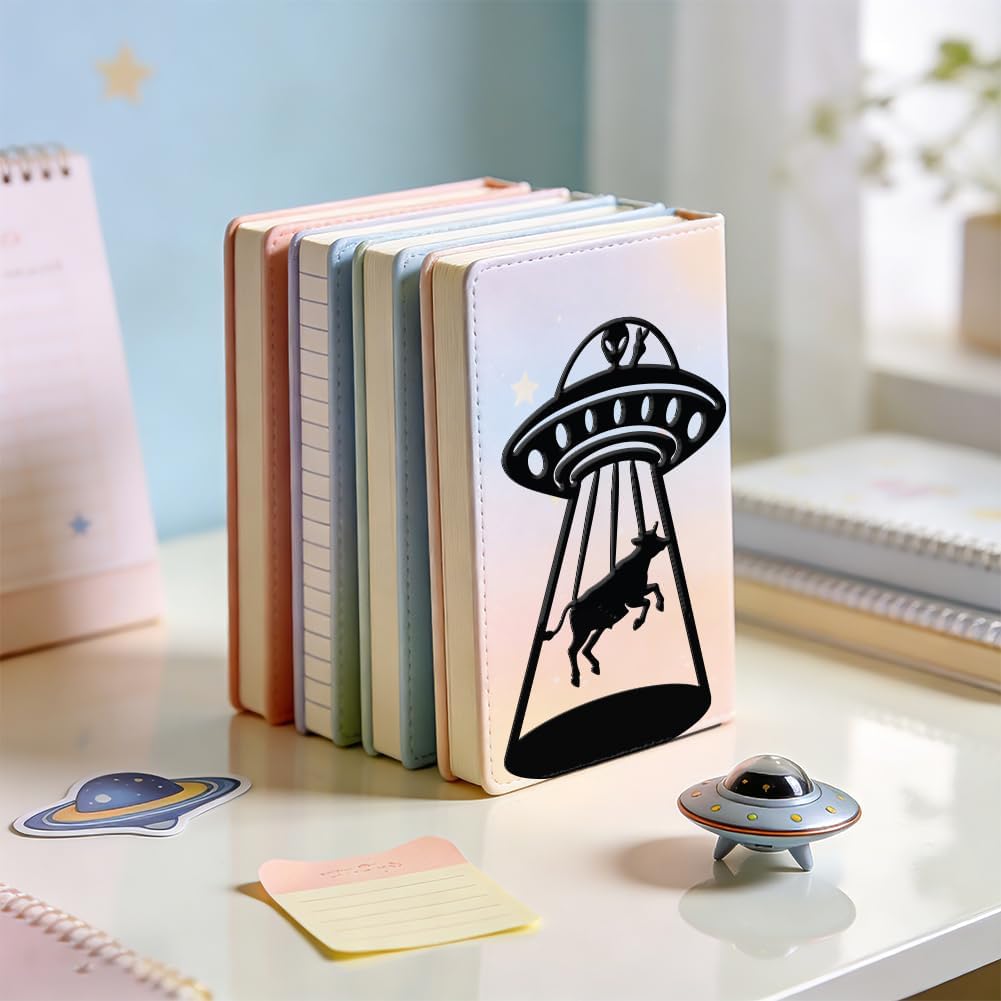 WADORN 1 Pair Alien UFO Cow Metal Decorative Bookend for Shelves, Heavy Duty Book Ends Modern Non-Skid Books Holder Stand Black Book Support Stoppers for Desk Bookshelf Office Home, 5.3x4.3x7.8 Inch