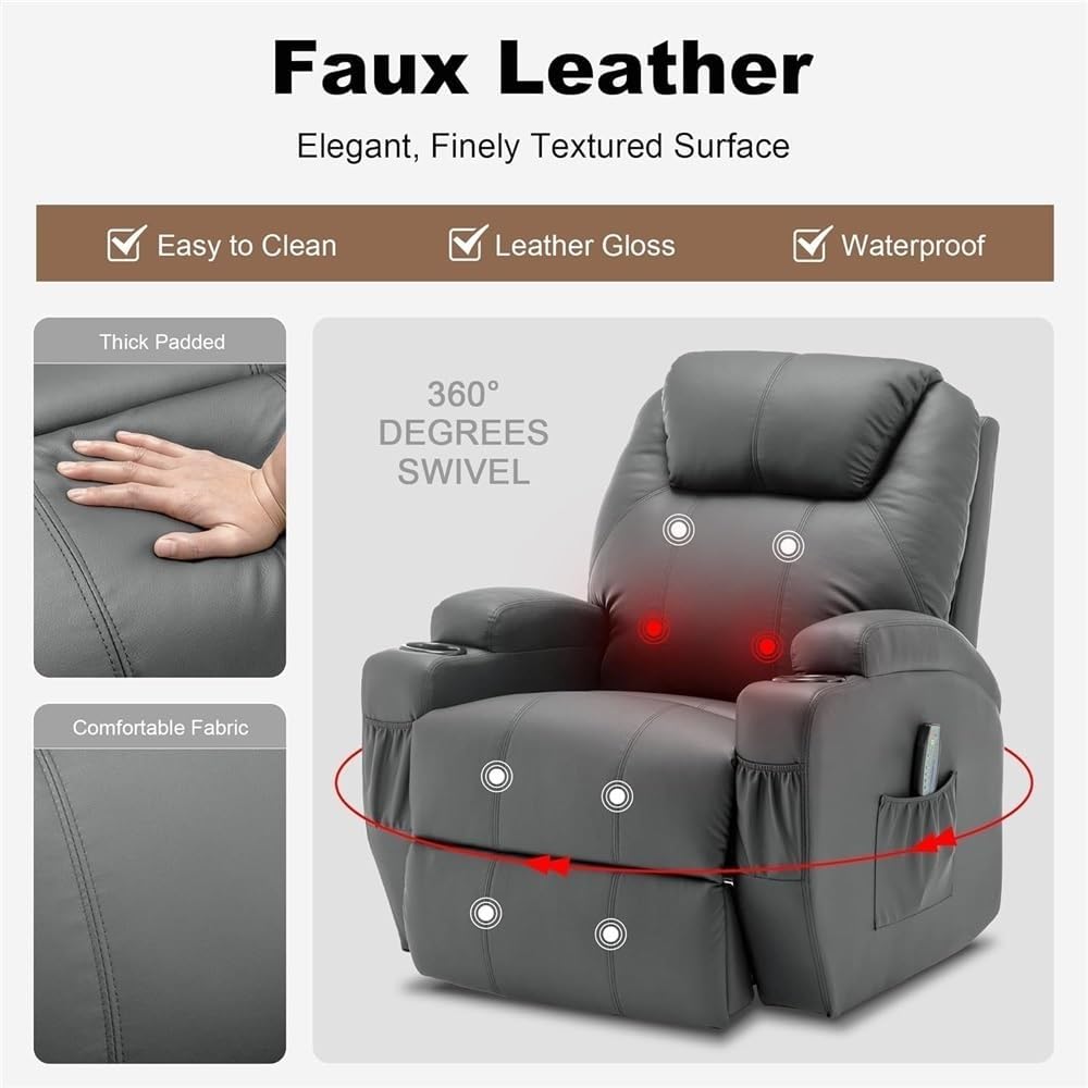 Lazy Power Recliner Chair for Adults with Heat and Massage, 360° Swivel Rocking Recliner with Remote Control and Cup Holder, Comfortable Seating for Home Theater
