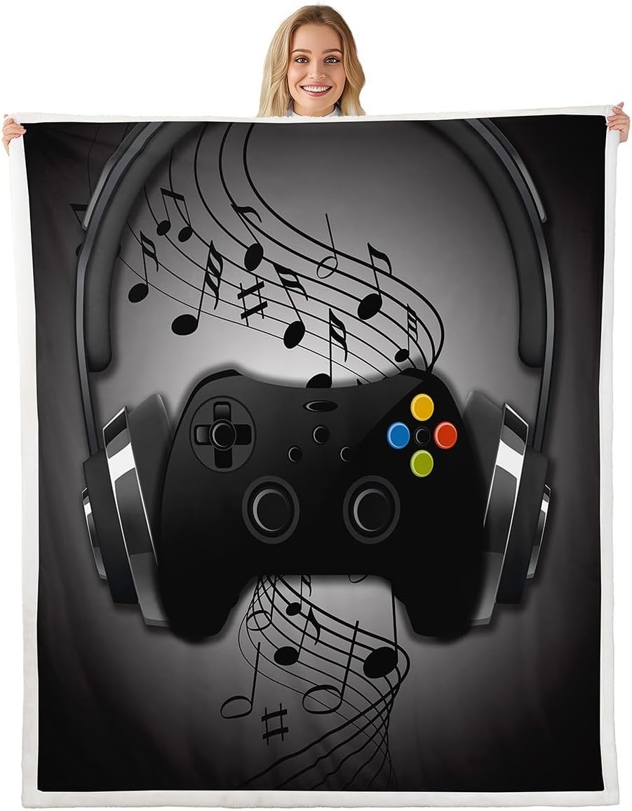 Gamepad Fleece Throw Blanket Video Game Blanket Game Controller Sherpa Blanket for Couch Sofa Chair Teens 90's Gamer Room Decor Soft Warm Fuzzy Plush Cozy Bed Blankets Music Headphone Throw 60"x80"