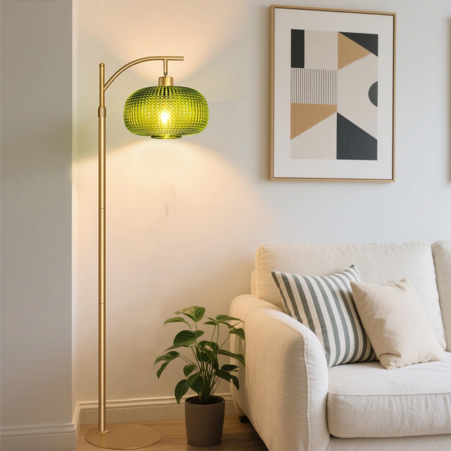 Modern Floor Lamp for Living Room, Mid Century Tall Standing Lamp Green Glass Lamp Shade, Dimmable Gold Tall Pole Lamp for Bedroom Office with Remote, 1 x 12W LED Edison Bulbs Included