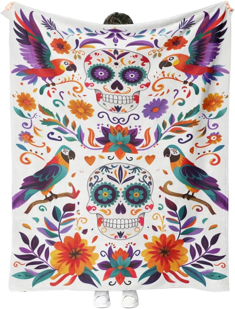 Sugar Skull Fleece Blanket, Day of The Dead Design with Parrots and Flowers, Colorful Mexican Folk Art Theme, Halloween Blankets Fuzzy Gifts for Sofa Couch Bedroom (60 x 80 inch)