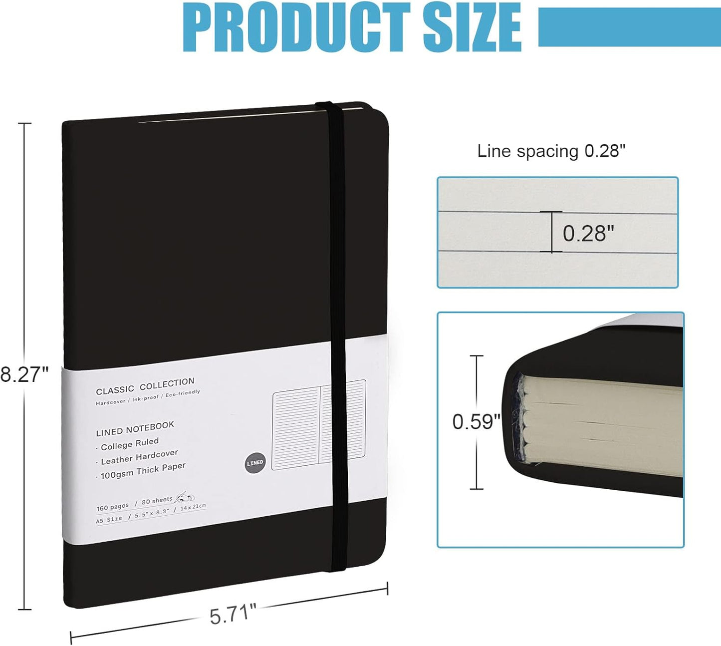 Lined Journal Notebook – Hardcover Notebook for Men & Women – Journals for Writing, Work, School, Home & Daily Notes, 160 Pages – Medium A5, 5.7"x8", 100 gsm Thick Paper (Black)
