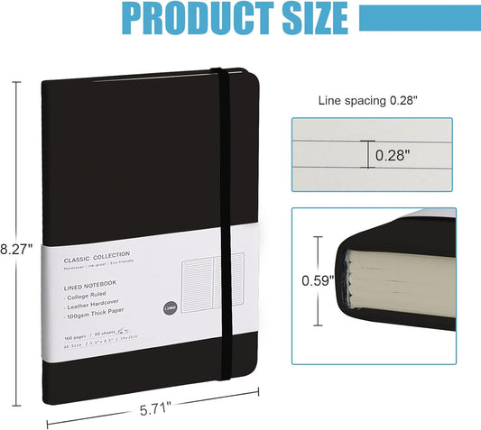 Lined Journal Notebook – Hardcover Notebook for Men & Women – Journals for Writing, Work, School, Home & Daily Notes, 160 Pages – Medium A5, 5.7"x8", 100 gsm Thick Paper (Black)