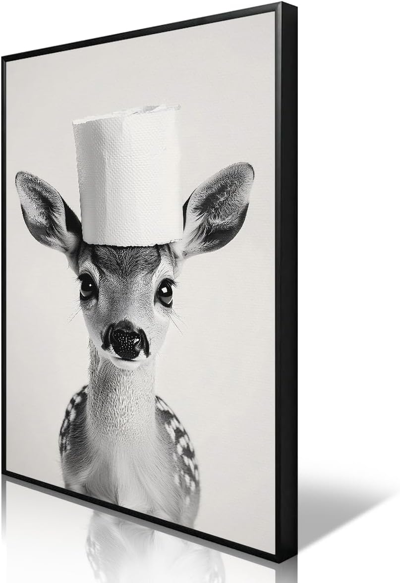 XMJJQQ Funny Animal Bathroom Canvas Wall Art, Deer Overhead Toilet Paper Roll Poster, Black and White Restroom Wall Print, Funky Modern Guestroom Animal Painting Picture Wall Decor 8x12in Unframed