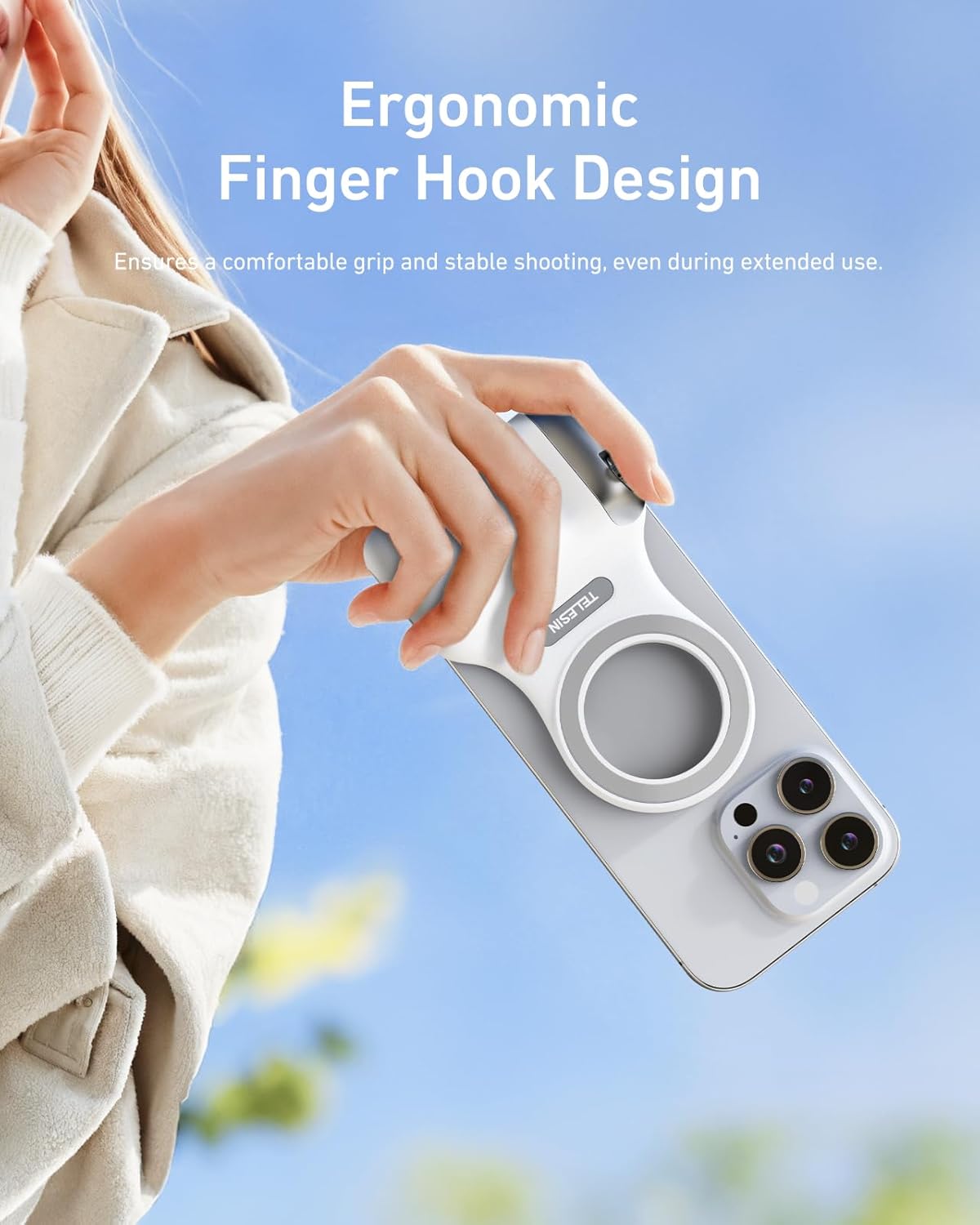 TELESIN Upgraded Magnetic Phone Camera DSLR Style Shutter Grip for iPhone & Android with Anti-Drop Detachable Wireless Shutter Button - 1/4" Screw - FunShot Comfort Ergonomic Camera Grip Handle Holder