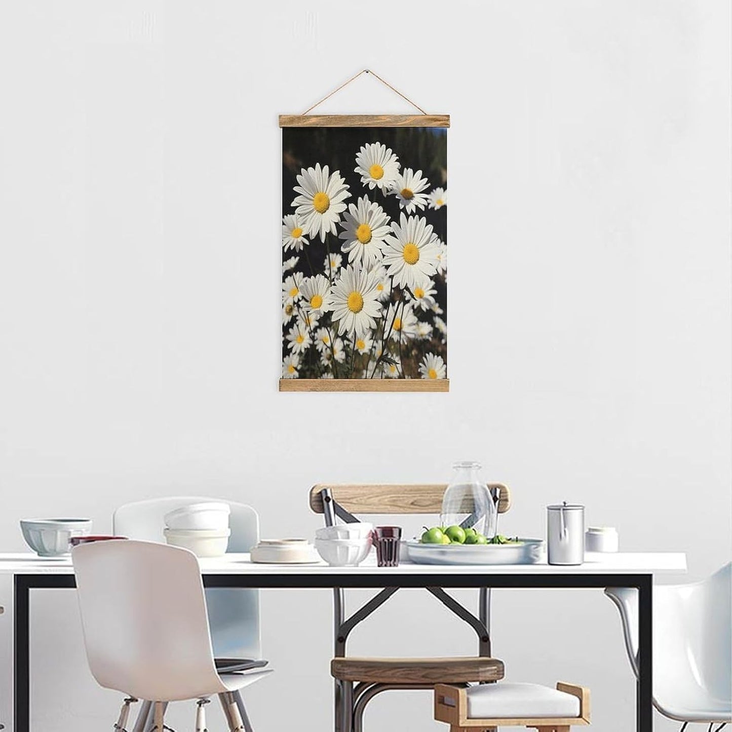 Vintage White Daisy Poster with Wooden Frame Personalized Linen Hanging Scroll Painting Rustic Wall Hanging Illustrative Modern Artwork Decor for Home Living Room Bedroom Office