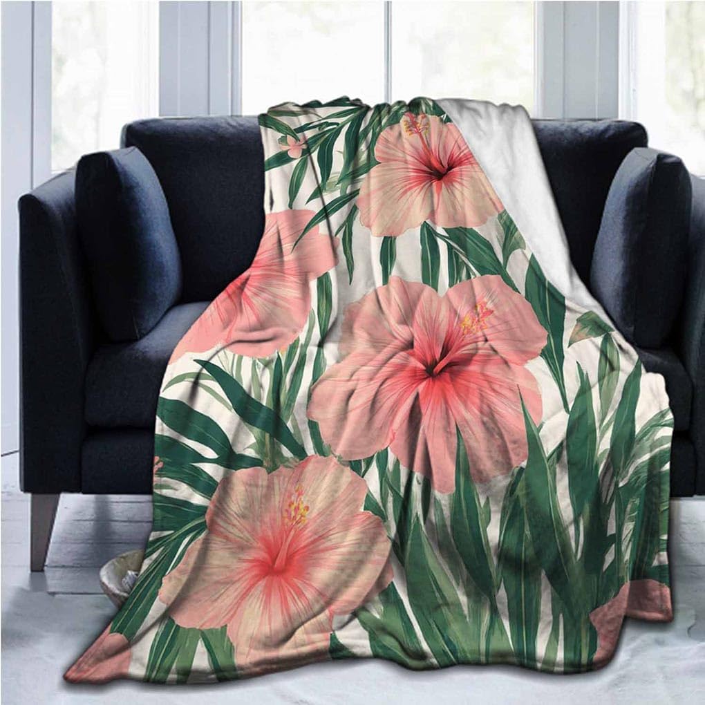 Mugod Exotic Floral Throw Blanket Tropical Flower Pink Hibiscus Palm Leaves Dark Green Decorative Soft Warm Cozy Flannel Plush Throws Blankets for Baby Toddler Dog Cat 30 X 40 Inch