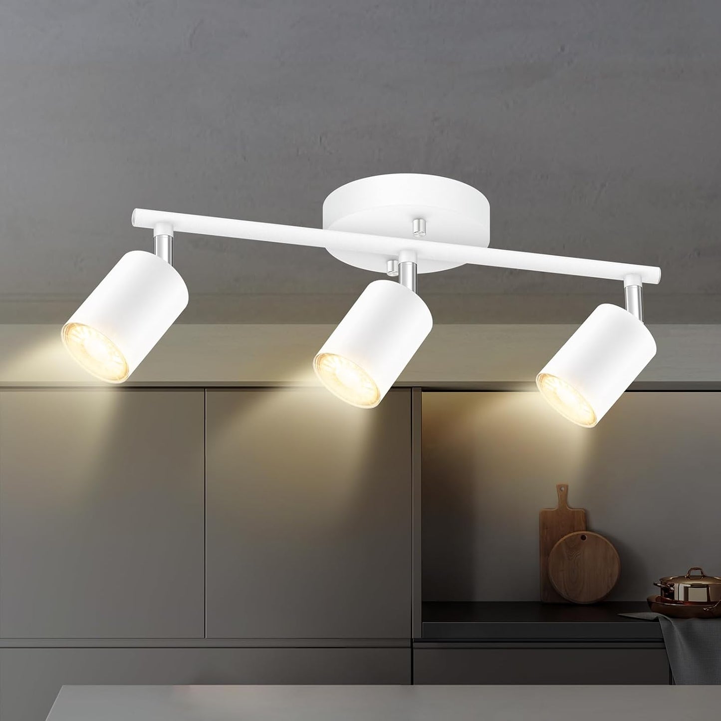 White Track Lighting, 3 Light Track Lighting Kit, White 3 Way Modern Ceiling Spotlight, Flexibly Rotatable Light Head, Industrial LED Track Light Kit for Kitchen Cabinet Gallery Bar Living Room
