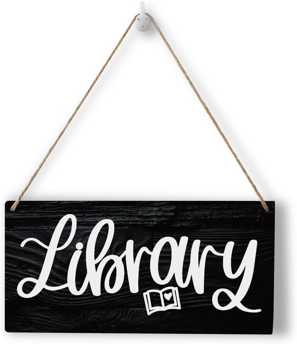 Retro Library Sign Wood Wall Art Home Farmhouse Hanging Decor Rustic Fun Black Book Lover Wooden Decorative Plaque for Office House Cafe Outdoor Indoor, 10x5 Inches