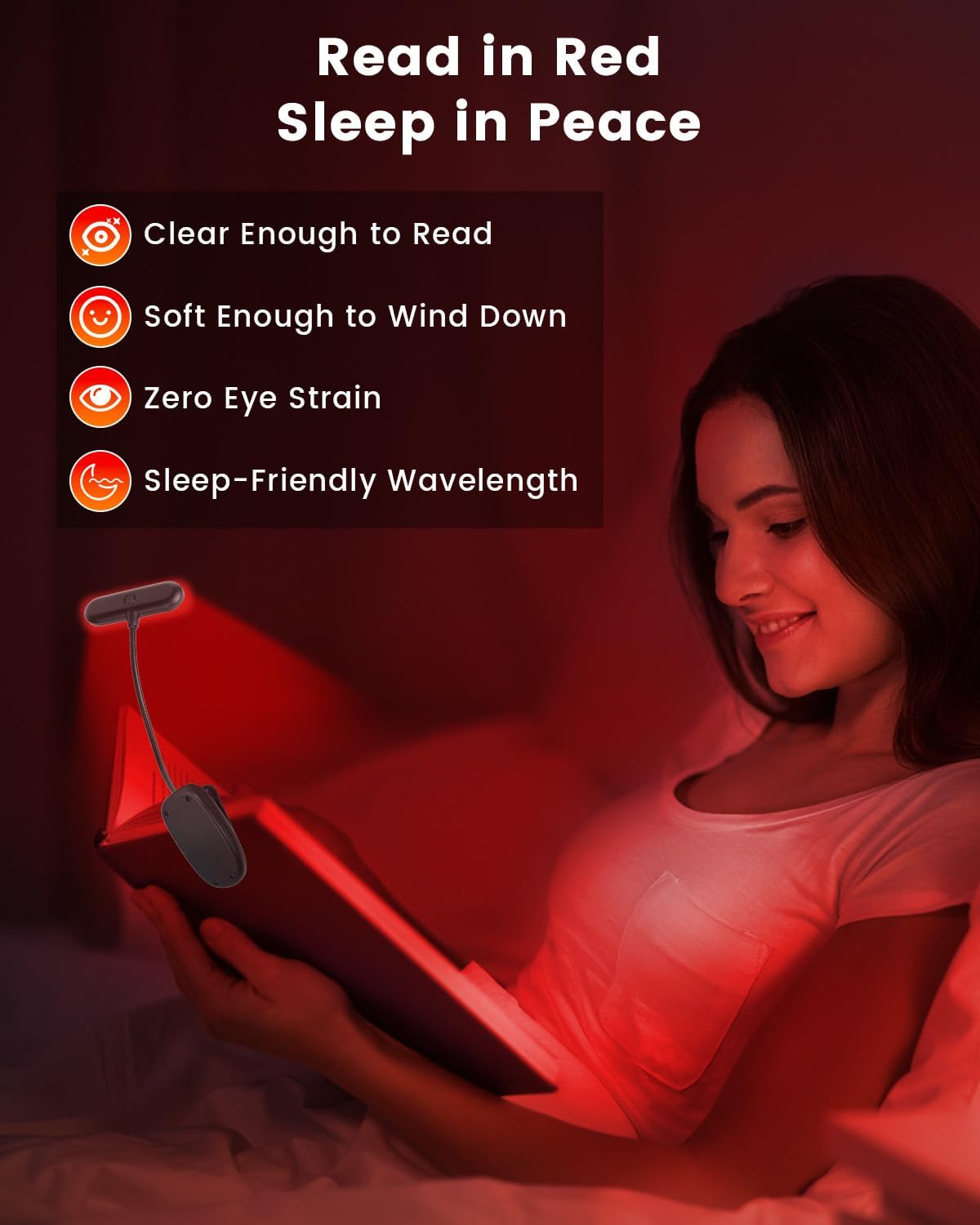 670nm Red Light Book Light for Reading in Bed, Dimmable USB Rechargeable Clip On Red Night Light for Sleep,Eye Comfort, Adjustable Brightness,Portable Booklight with Memory Function