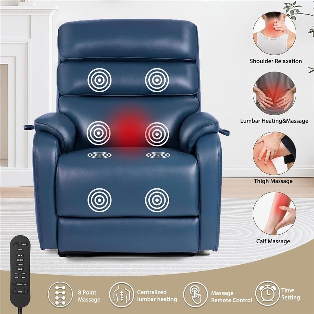 Heavy Duty Power Lift Recliner with Heat and Massage Blue Oversized Electric Reclining Chair for Adults Lay Flat Function Leather Living Room Sofa Furniture Charging Ports