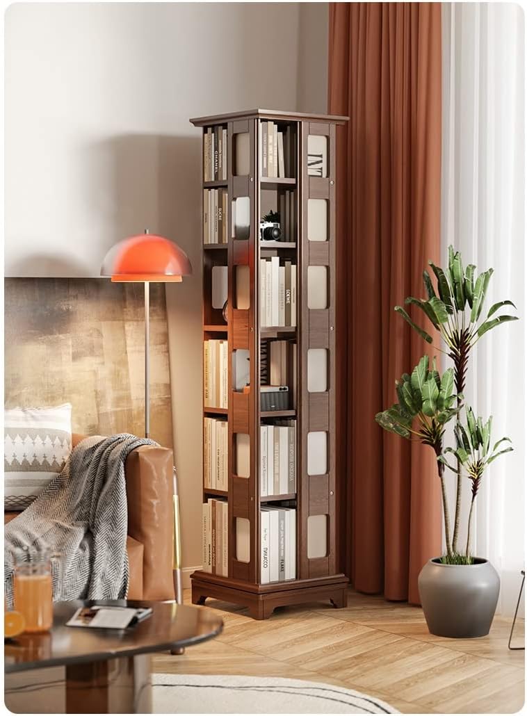 Solid Wood Rotating Bookshelf, 360-degree Bookcase Landing Creative Student Book Shelf for Living Room MINGPING (Size : 44x44x140cm Walnut Color) ()