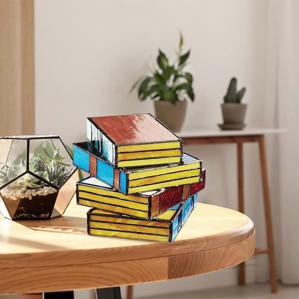 RERUICO Stained Glass Stacked Books Lamp Vintage Desk Lamp Small Reading Book Lamp Decor Stained Glass Nightlight