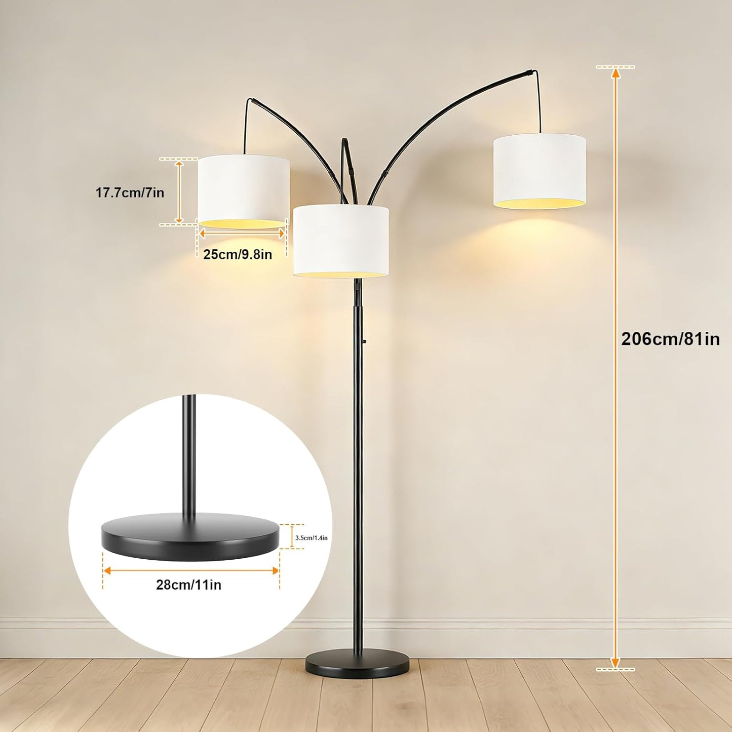 80 Inch Arc Floor Lamp for Bedroom, 3-Light Dimmable Standing Lamp for Living Room, 2400LM Super Bright Tree Lamp with Remote Control, Tall Floor Lamp for Office with Adjustable Arms & Weighted Base