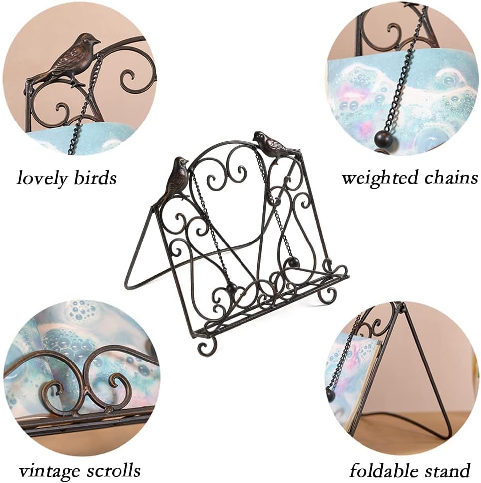 Metal Cookbook Stand Clearance Recipe Book Holder for Kitchen (Birds/Vintage Scrolls, Bronze)