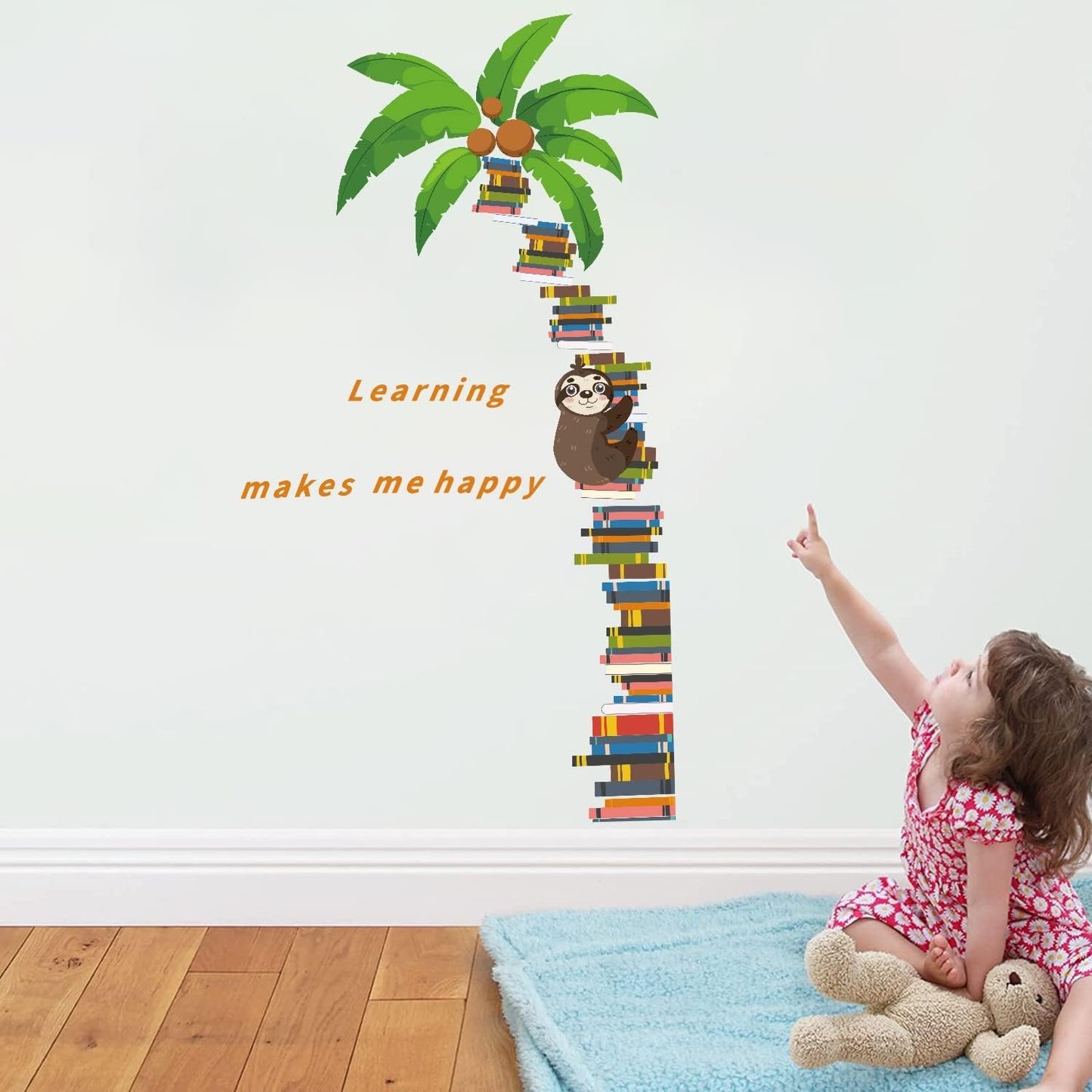 IARTTOP Coconut Tree Sloth Wall Decal Book Tree Sloth Wall Sticker Large Book Tree Wall Stickers for Bedroom Study Room Living Room Decoration
