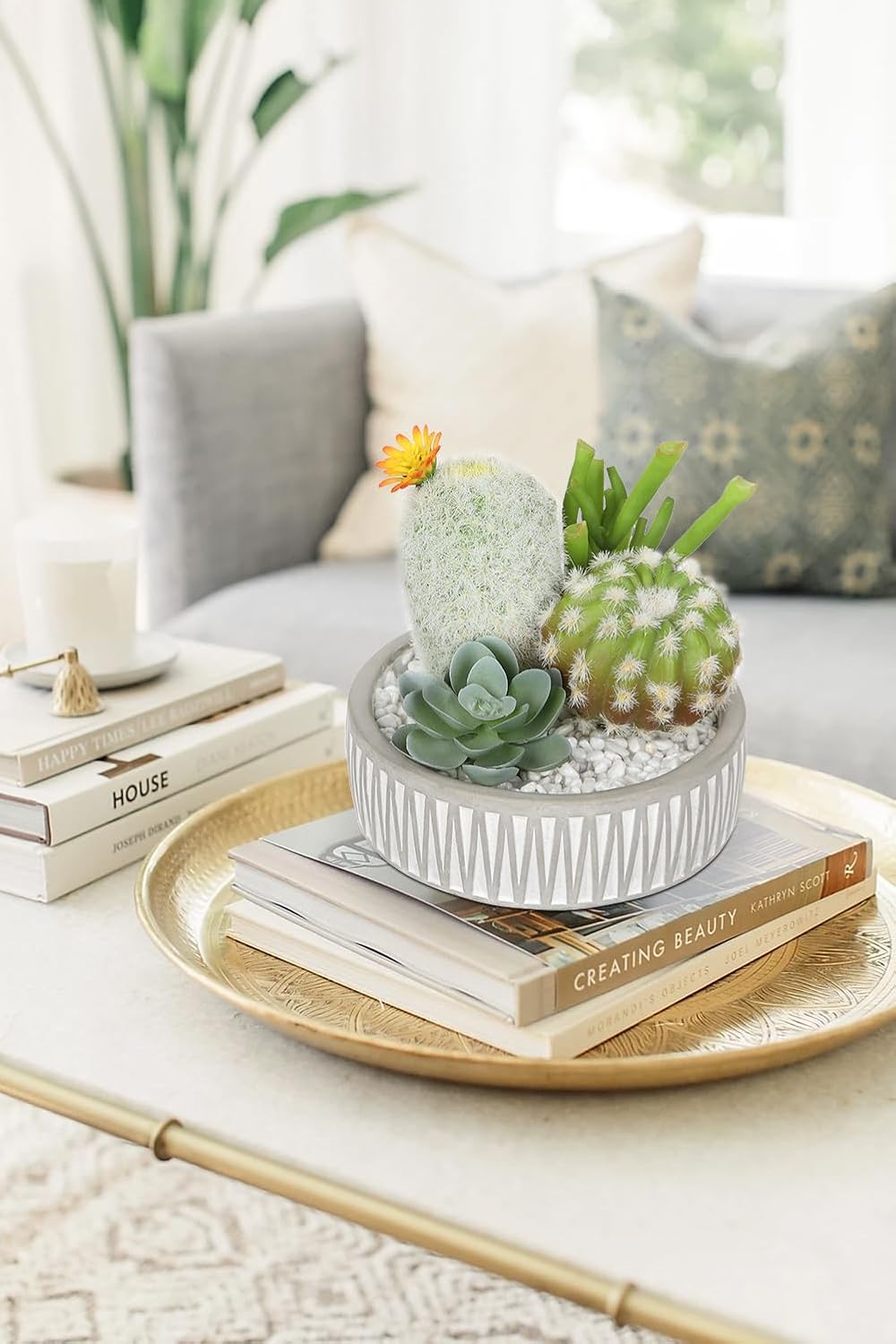 Artificial Cactus Plants Indoor, 5.5" Assorted Small Faux Succulent in Pots Fake Potted Desk Plant with Concrete Bowl Mini Succulents Artificial Cactus Decor for Home Office Bathroom Table Shelf