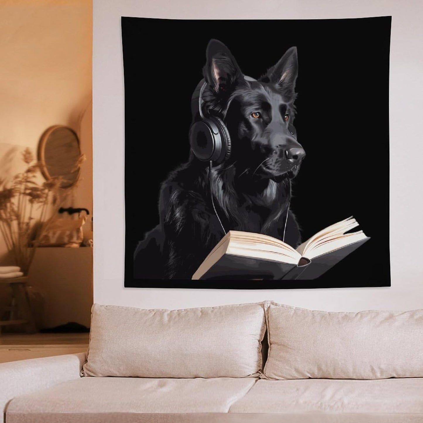 German Shepherd Wearing Headphones Reading Funny Tapestry Wall Hanging Aesthetic Blanket Room Decoration for Picnic Beach Mat