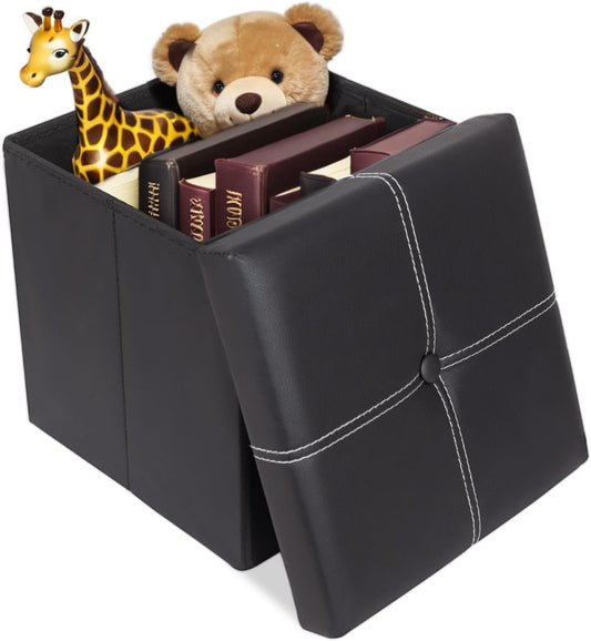 ShellKingdom Small Folding Storage Ottoman Cube, Faux Leather Storage Footrest Bench, Foot Rest Stool for Home, Living Room, Bedroom, Dorm, 11.8 x 11.8 x 11.8 inches (Black)