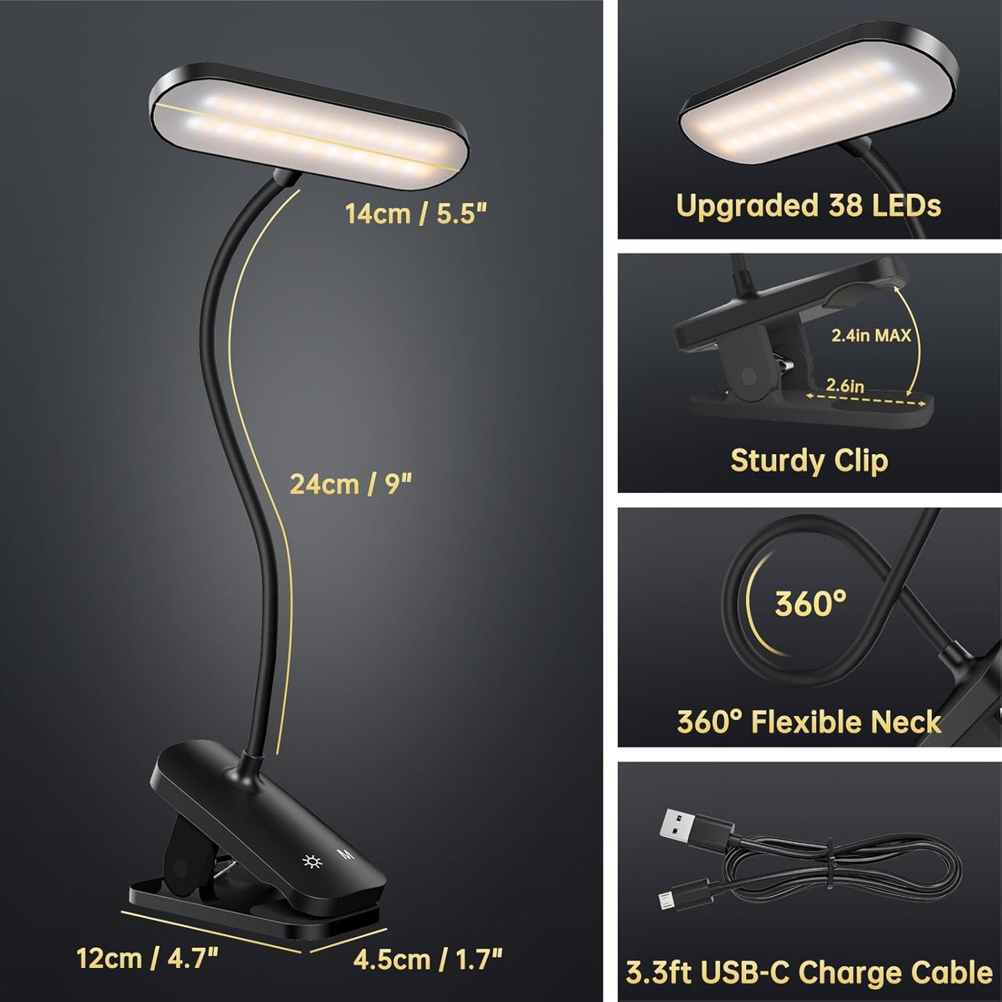 Clip on Desk Lamp, Battery Powered Reading Light with Strong Clamp - 5 Colors 5 Brightness, USB Rechargeable Portable Cordless Book Lamp for Bed Headboard Table Bedside Home Office (Black)
