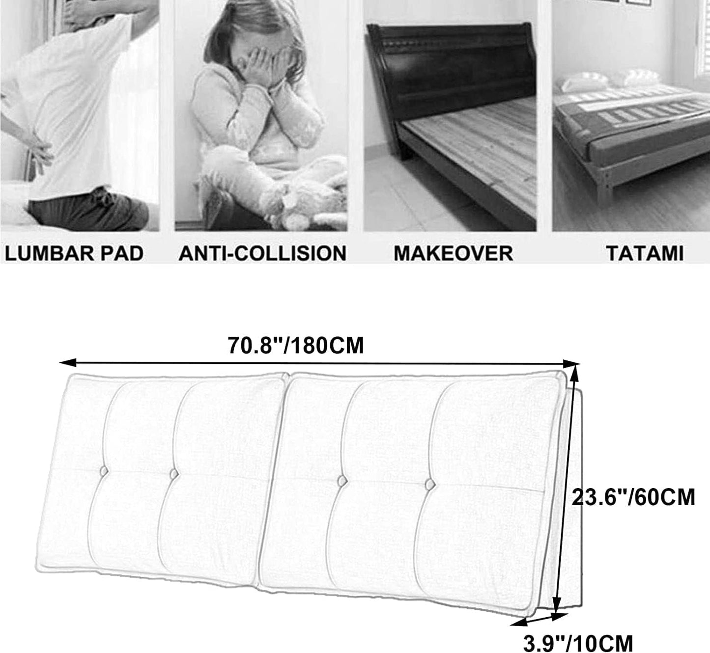 Adult Headboard Cushion Bed Backrest Pillow Wall Pillow Lumbar Pad Upholstered Bench Cushion Removable Cover(Size:No headboard 70.8"/180cm,Color:A)