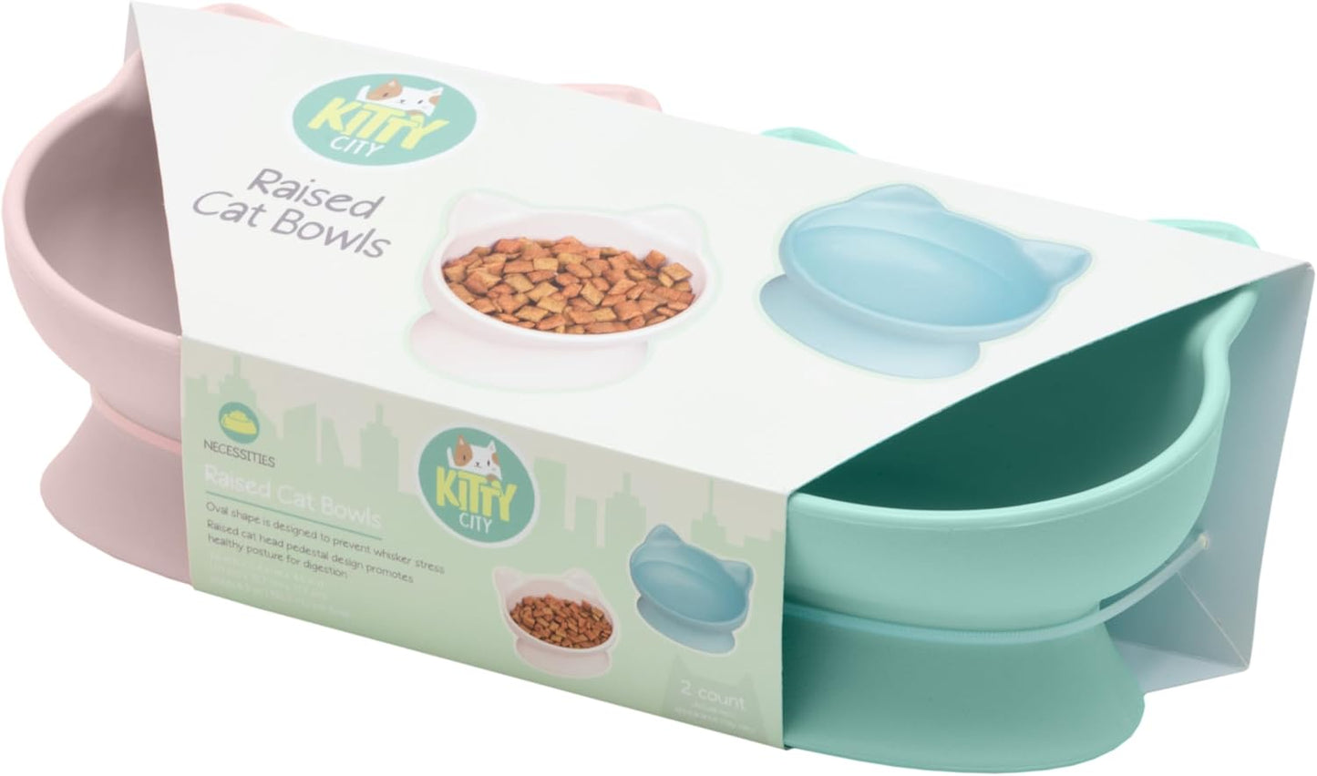 Kitty City Elevated Cat Bowls (Set of 2), Whisker-Friendly Raised Cat Food & Water Dishes, Modern Pedestal Design, Dishwasher Safe, 6.5 oz Each – Pink & Teal