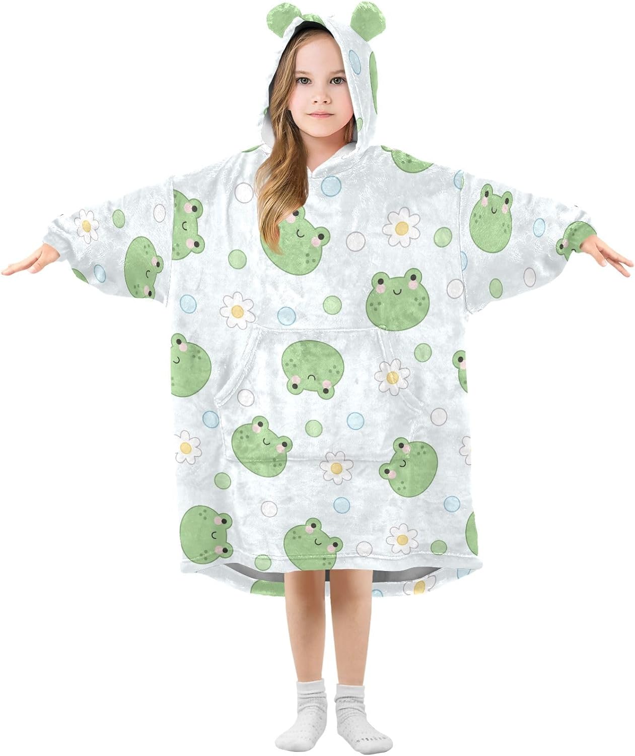 Cartoon Frogs Wearable Blanket Hoodie for Kids Oversized Sherpa Hooded Blanket Cozy Warm Gift