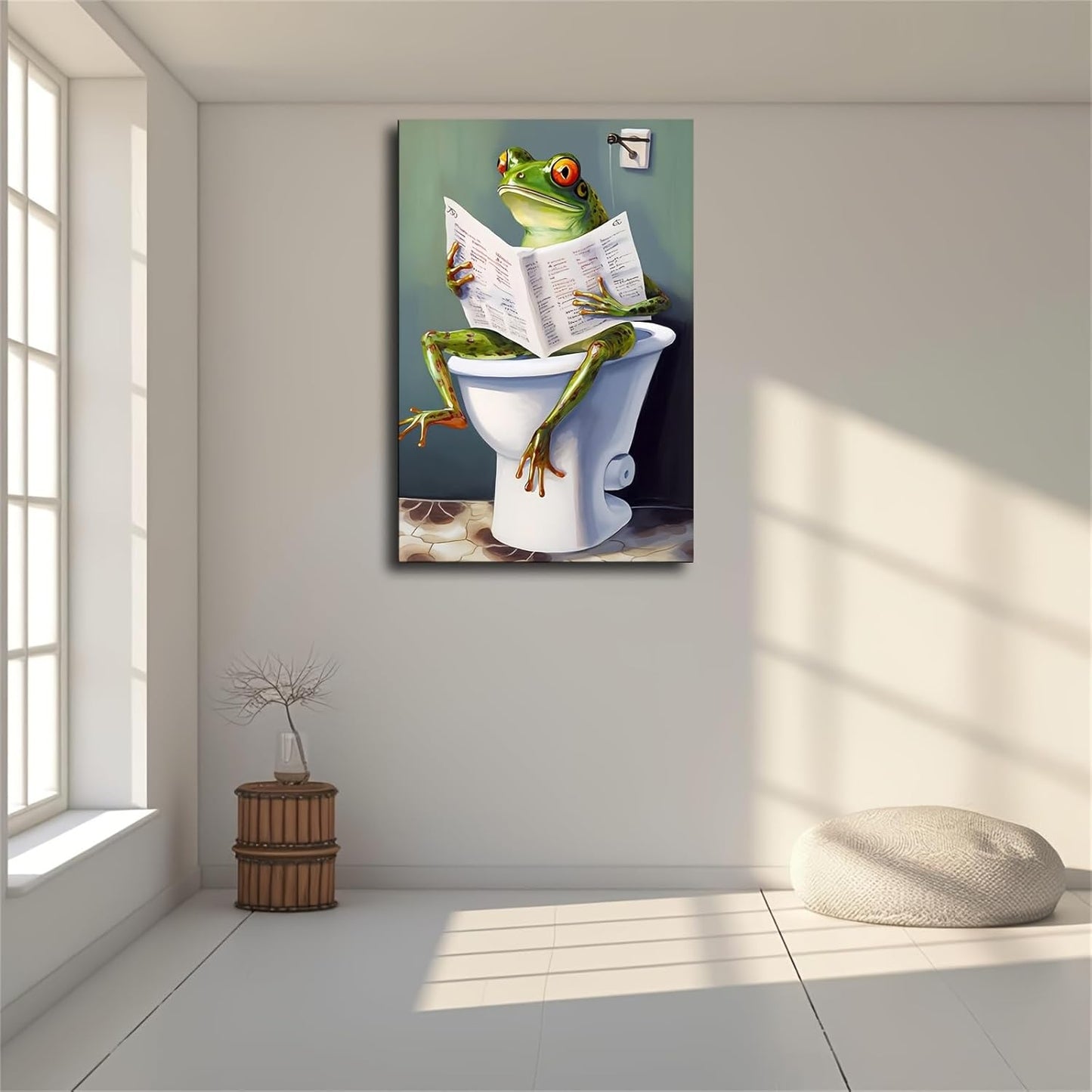Funny Bathroom Hand Painted Happy Frog Reading Book Canvas Wall Prints poster Modern Home Aesthetic Decor Wall art for Bedroom Dorm (24x36inch Framed)