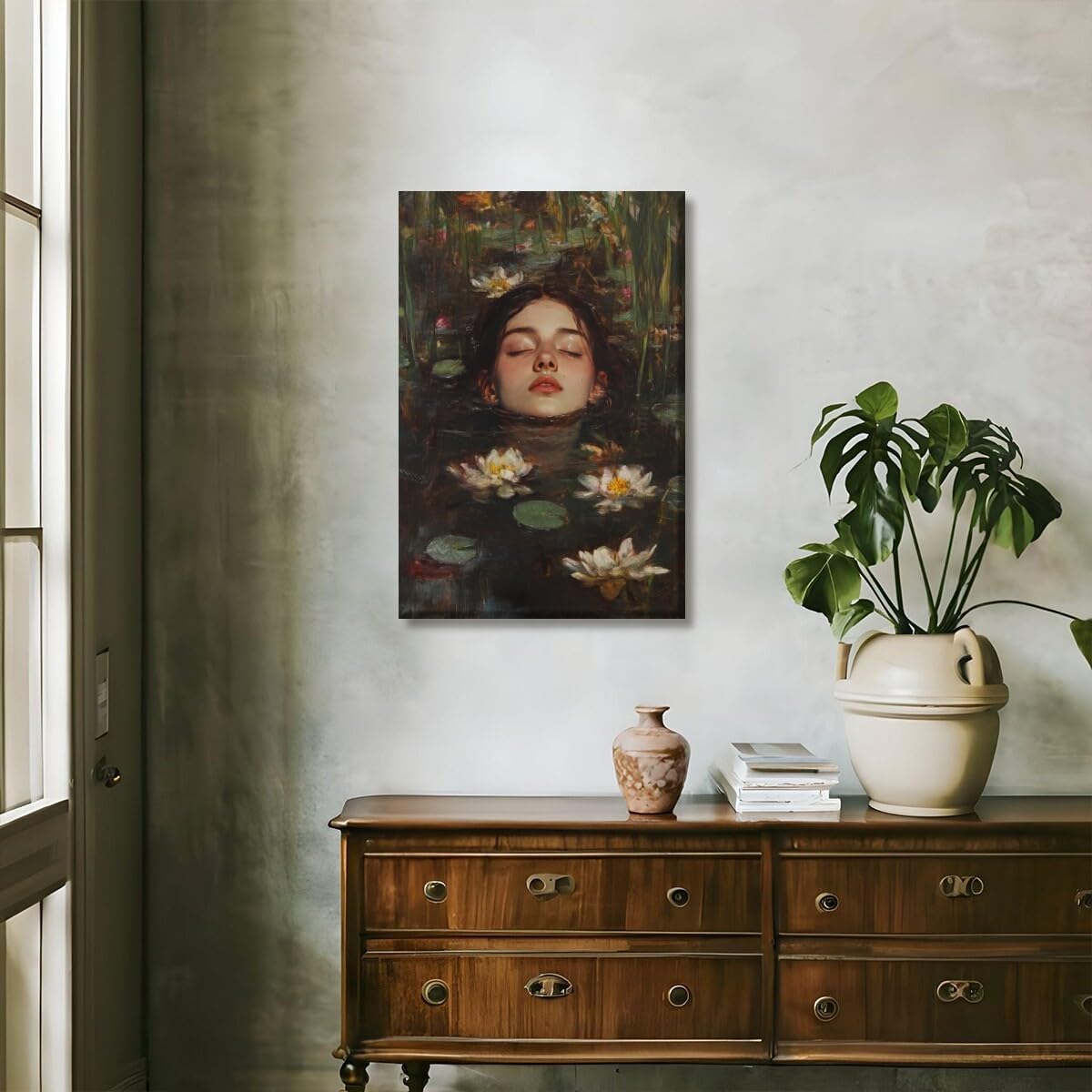 Ophelia Into Lake Dark Academia Canvas Wall Art Moody Victorian Floral Print Gothic Occult Home Decor Antique Oil Painting Rustic Vintage Poster Cottagecore Aesthetic Picture 12x18inch Unframed