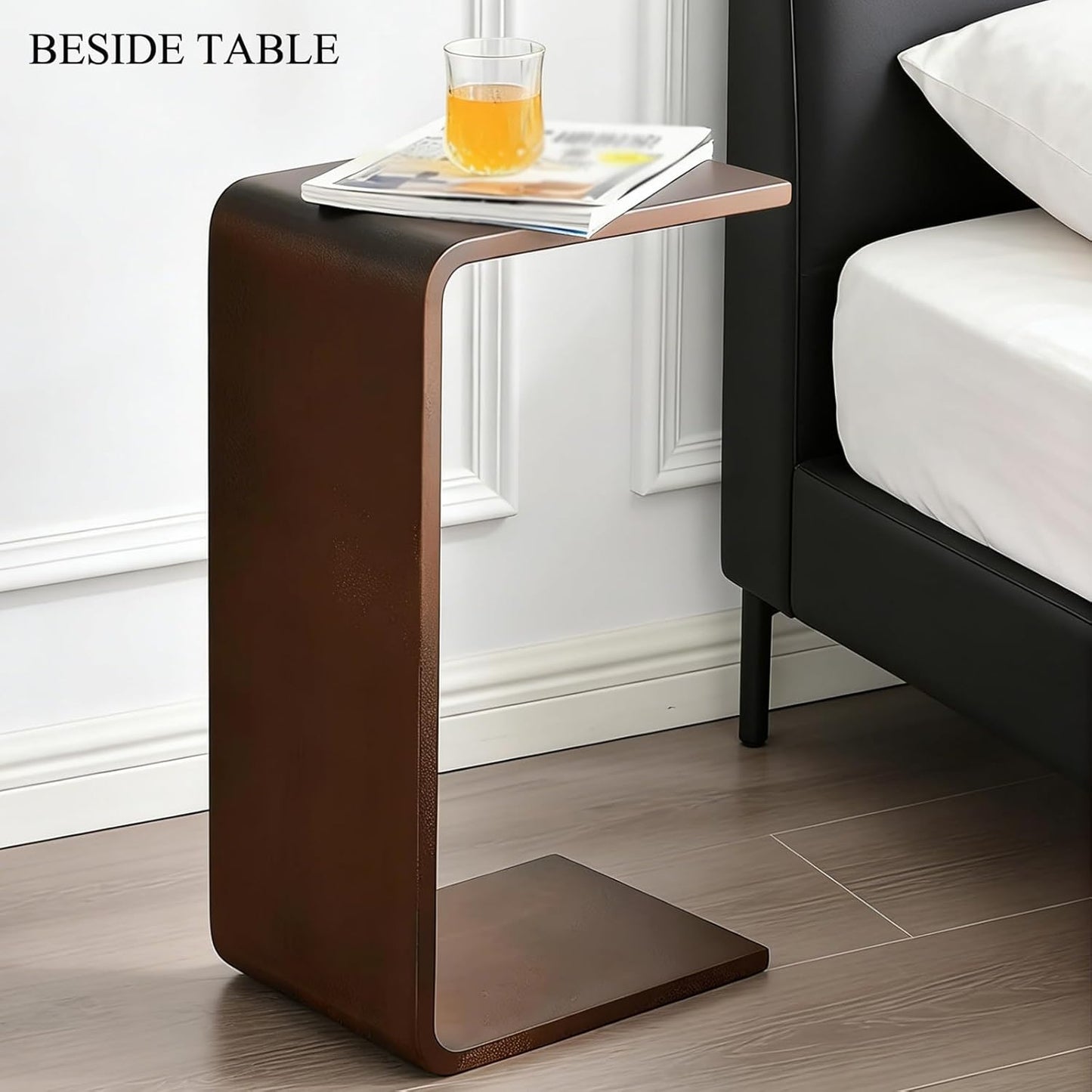 C Shaped End Table for Couch,Solid Wood Couch Side Table Tray,Space-Saving Small Snack Tables for Livingroom Bedroom Entryway Furniture(13.7" D x 9.8" W x 24.4" H, Walnut)