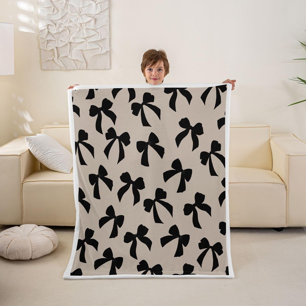 Feelyou Bow Sherpa Throw Blanket for Couch Elegant Super Soft Cozy Fleece Kawaii Bow Blanket for Winter, Plush Throw Black Throw 50"x60" All Season