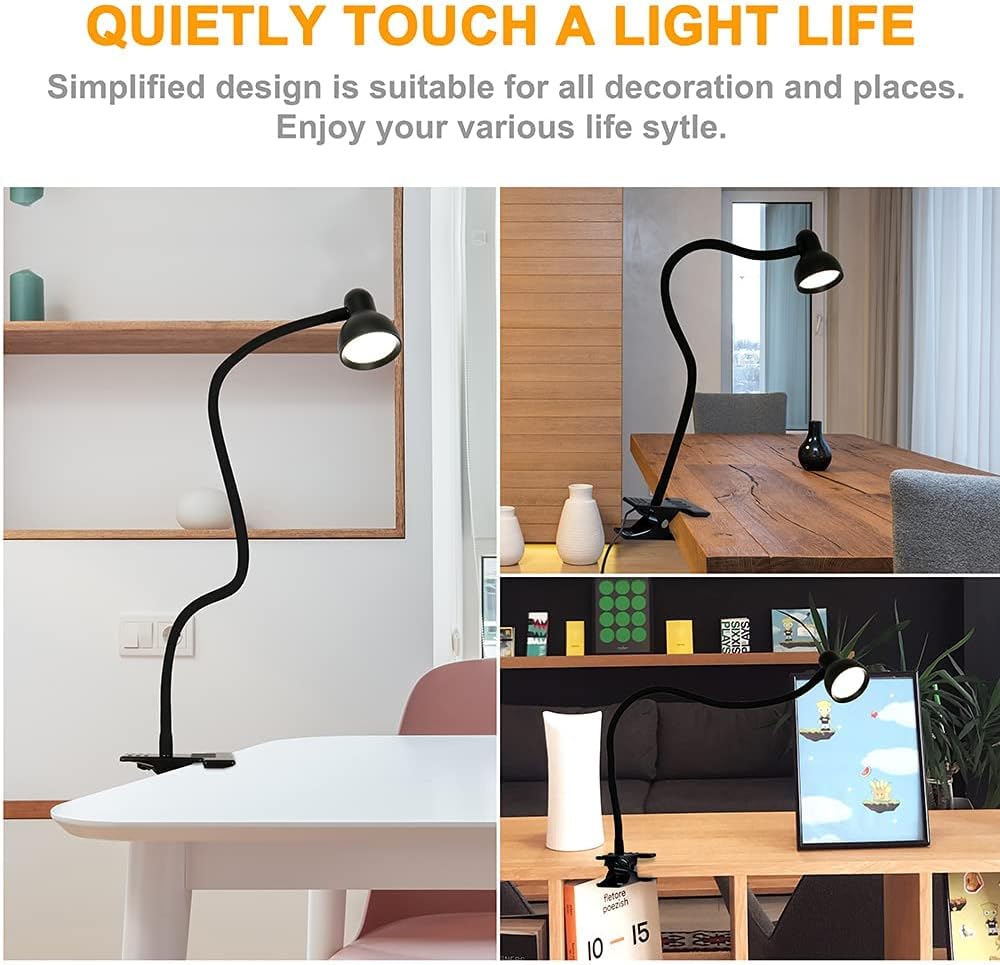 Clip on Light Reading Lamp 3000-6500K 10-Levels Brightness Clamp Light Eye Protection LED Desk Lamp 360° Flexible Gooseneck Book Light for Bed Bedside Headboard Home Office (White&Black)
