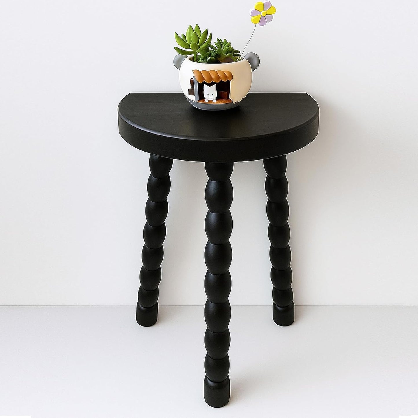 Wooden Bobbin Side Table - Plant Stand - Half Round Table - Wooden Accent Stool- Minimalist Decorative Table for Bedroom, Hallway, Living Room (1, Black)