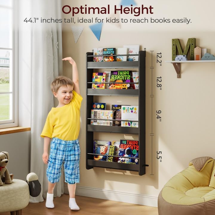 Kids Bookshelf, 4-Tier Wall Mount Bookshelf for Kids, Behind The Door Bookshelf, Hanging Book Shelf for Kids Room, Playroom, Bedroom, Living Room, Black KBBK7601