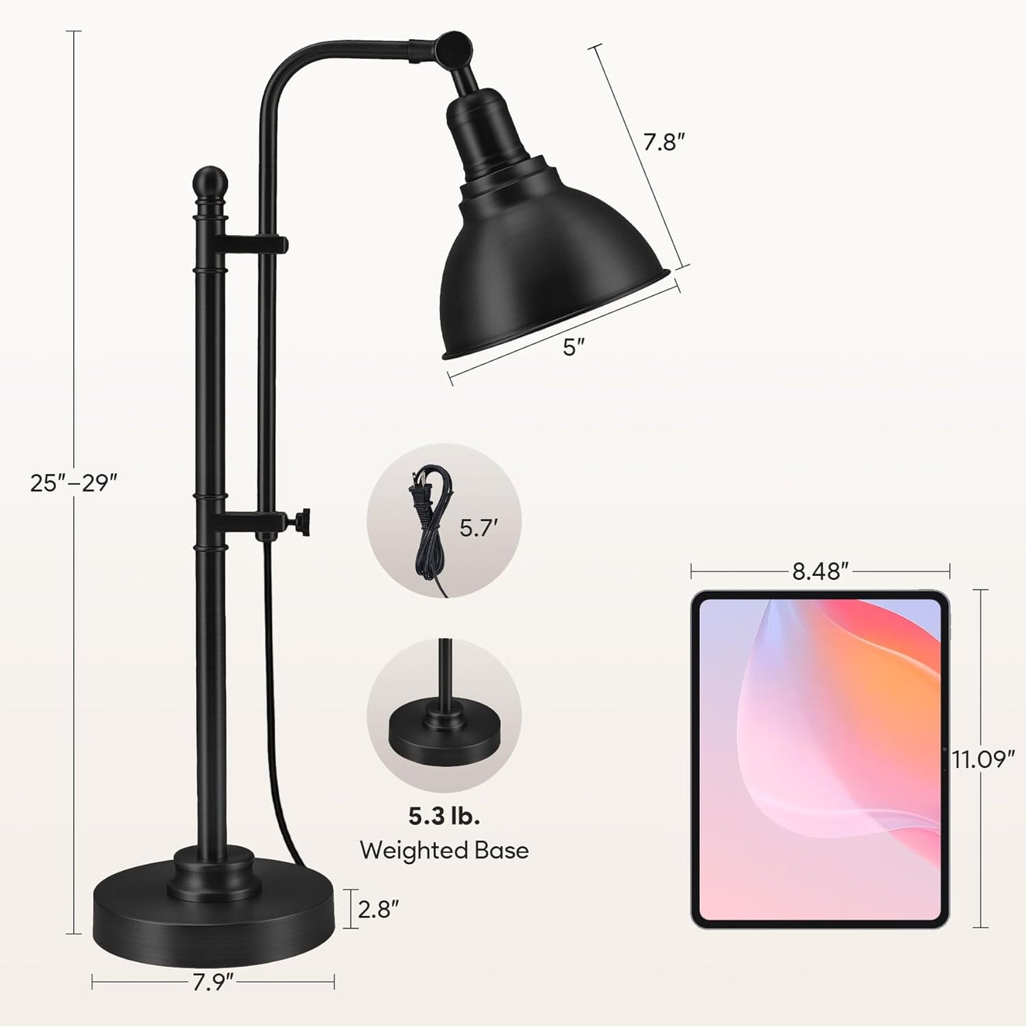 VONLUCE Rustic Desk Lamp Black Adjustable, Industrial Style Metal Task Lamps 25"-29", Vintage Work Light, Farmhouse Reading Lamp in Black Finish, ETL Certificate