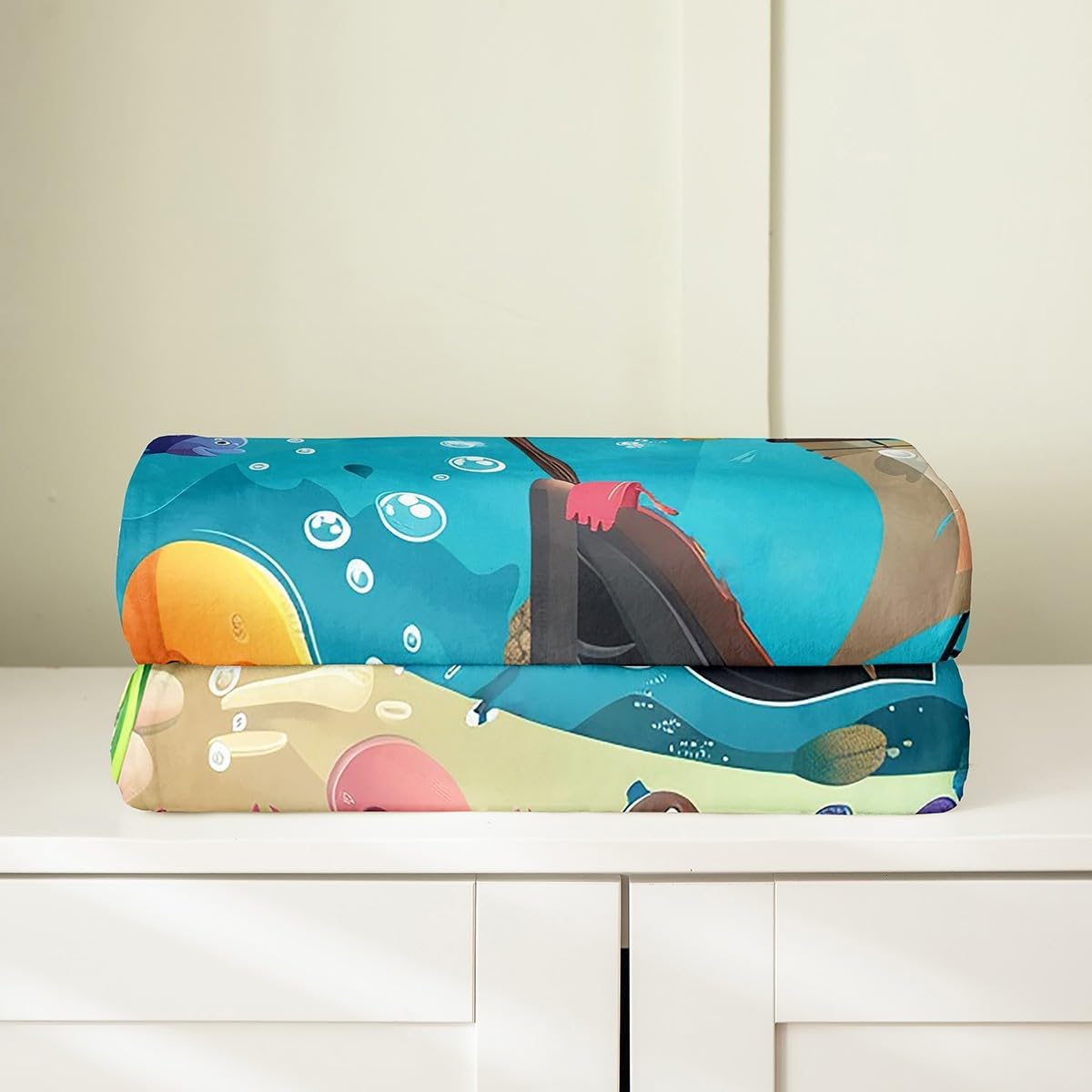 Cartoon Pirate Ship Throw Blanket 40x50 Marine Adventure Fleece Blanket for Kids Underwater Ocean Fish Flannel Blanket All Season Cute Octopus Jellyfish Plush Blanket