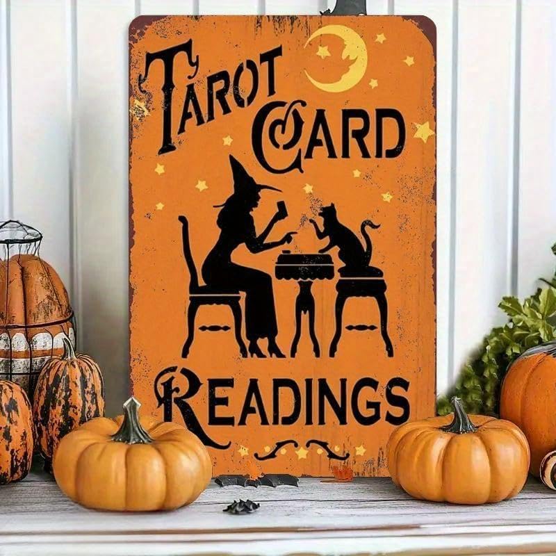 Witch and Black Cat Reading Stars and Moon Vintage Metal Tin Sign - Metal Posters Tin Sign Home Wall Art Decor Metal Signs 12" x 8"